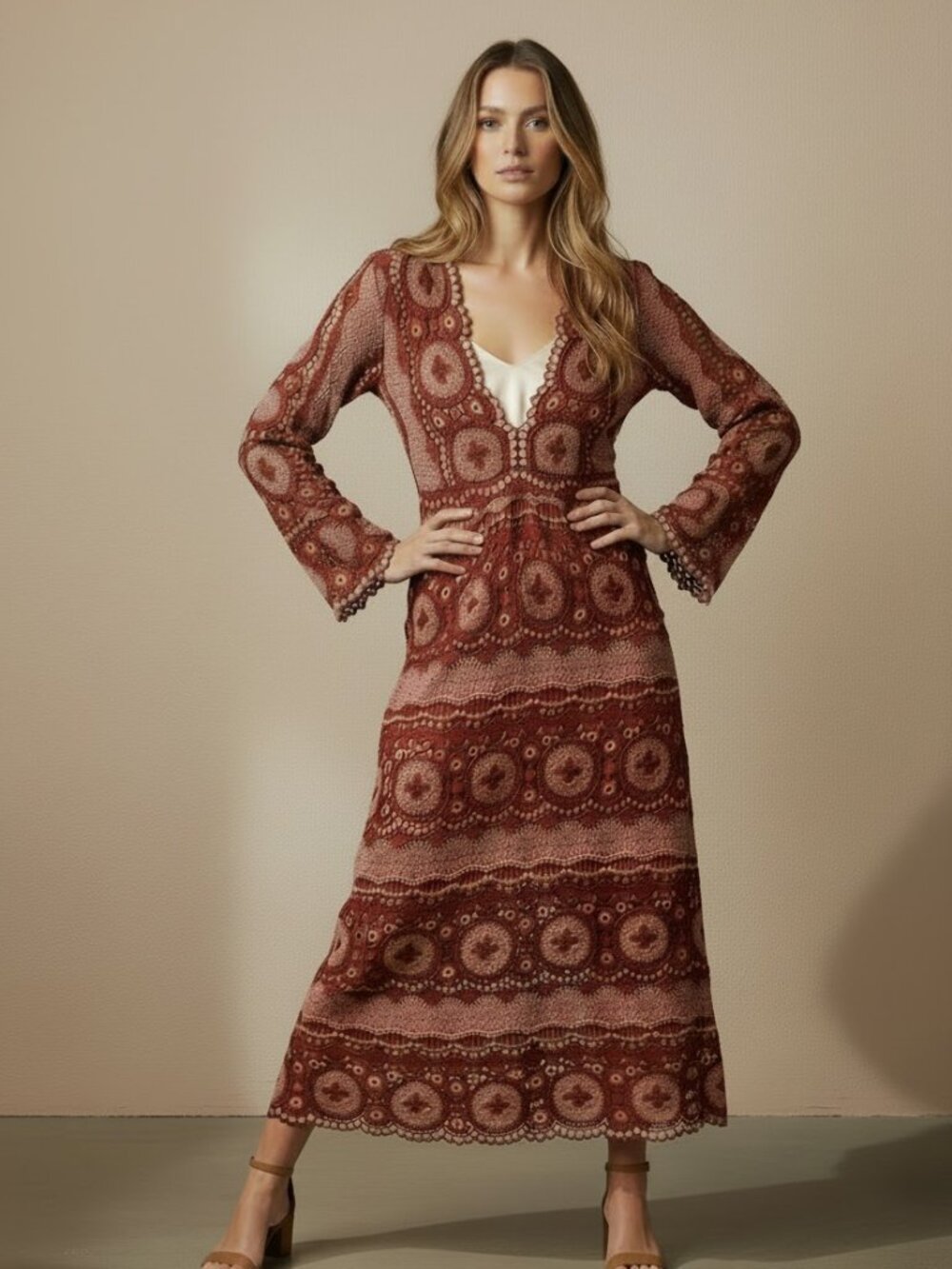 ZARA RED MIDI DRESS WITH EMBELLISHED LACE CROCHET SIZE M PTP 18